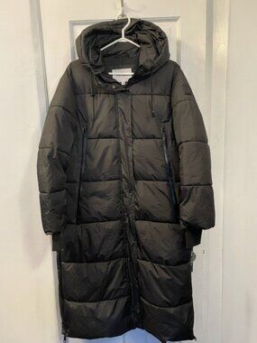 Steve Madden Long Black Hooded Quilted Puffer Coat Size L